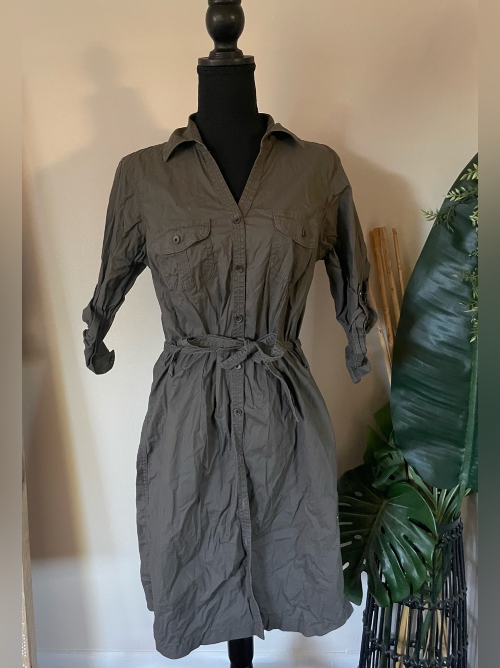 Sonoma Olive Green Button-Front Shirt Midi Dress